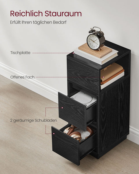 Rootz Ebony Black Bedside Table Set - Nightstand - Drawer Chest - Chipboard, MDF - Max Load 45.4kg - 30cm x 25cm x 65cm