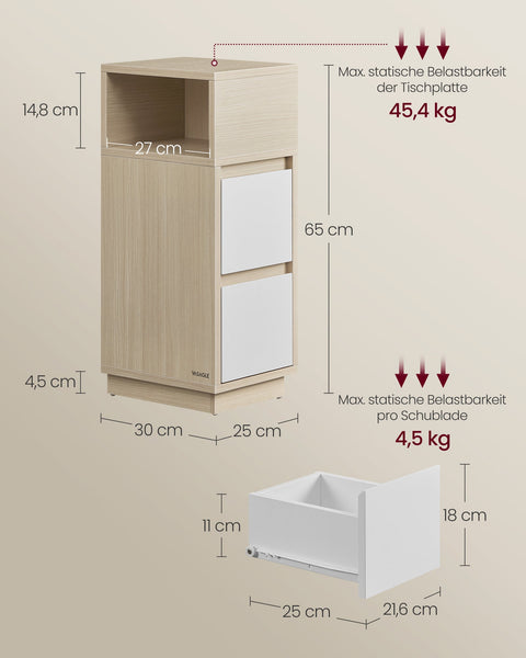 Rootz 2 Piece Narrow Bedside Table Set - Nightstand - Bedside Cabinet - Storage Solution - 30cm x 25cm x 65cm - Brown- White