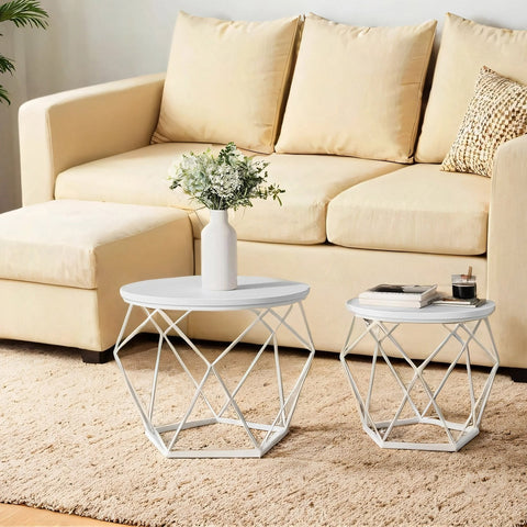 Rootz Coffee Table 2 Set - Nesting Tables - Removable Table Top - Space-Saving Design - 50cm x 40cm & 40cm x 36cm - Snow White Cloud White