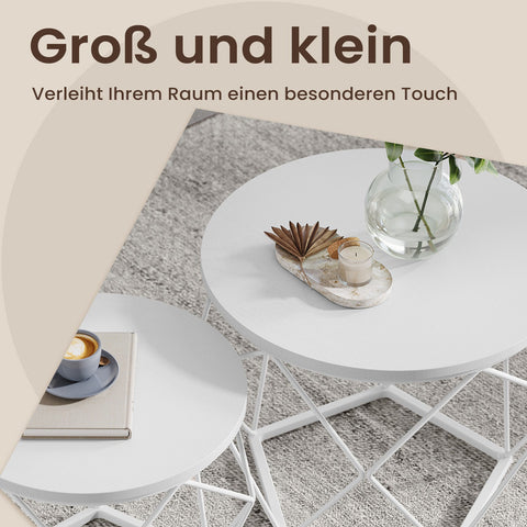 Rootz Coffee Table 2 Set - Nesting Tables - Removable Table Top - Space-Saving Design - 50cm x 40cm & 40cm x 36cm - Snow White Cloud White