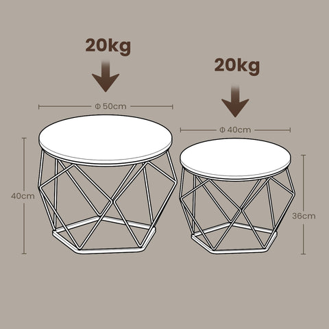 Rootz Coffee Table 2 Set - Nesting Tables - Removable Table Top - Space-Saving Design - 50cm x 40cm & 40cm x 36cm - Snow White Cloud White