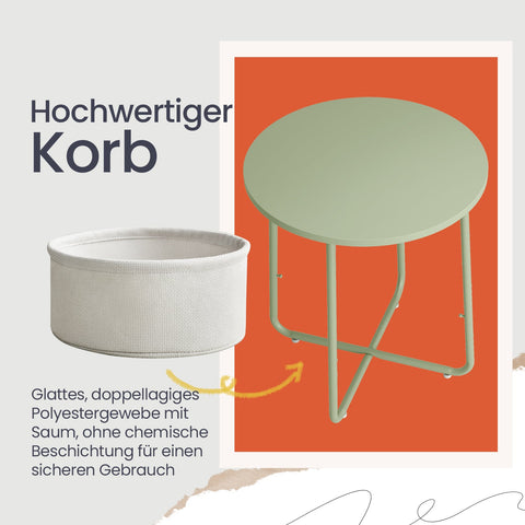 Rootz Round Coffee Table - Small Table - Side Table - Versatile Design - 45cm D x 50cm H, Fabric Basket: 39.6cm D x 18.2cm H