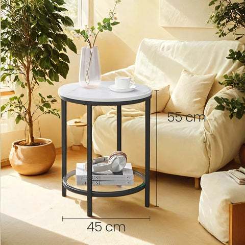 Rootz Side Table - Accent Table - End Table - Features Black Frame, White Marble Look, Steel & Glass - 45cm x 55cm