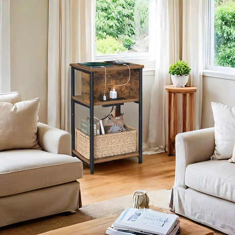 Rootz Small Side Table - Bedside Table - Narrow Nightstand - Includes Socket Strip - 30cm x 34cm x 58cm