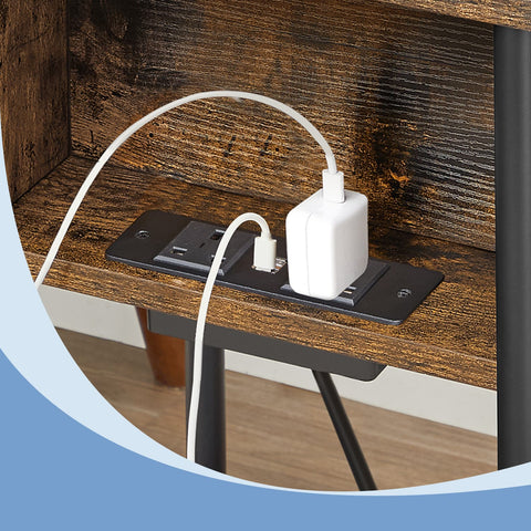 Rootz Small Side Table - Bedside Table - Narrow Nightstand - Includes Socket Strip - 30cm x 34cm x 58cm