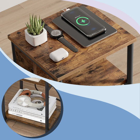 Rootz Small Side Table - Bedside Table - Narrow Nightstand - Includes Socket Strip - 30cm x 34cm x 58cm