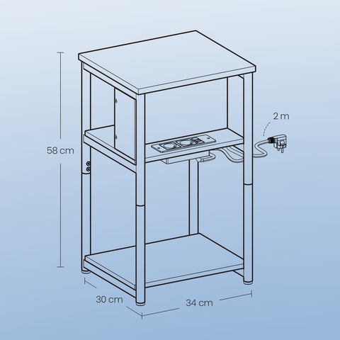 Rootz Small Side Table - Bedside Table - Narrow Nightstand - Includes Socket Strip - 30cm x 34cm x 58cm
