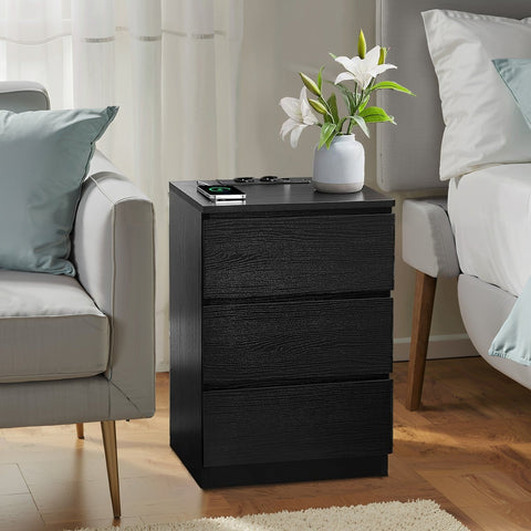 Rootz Side Table 3 Drawers - Nightstand - Bedside Table - Modern Design - Ebony Black - 35cm x 40cm x 59cm