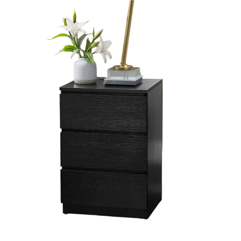 Rootz Side Table 3 Drawers - Nightstand - Bedside Table - Modern Design - Ebony Black - 35cm x 40cm x 59cm