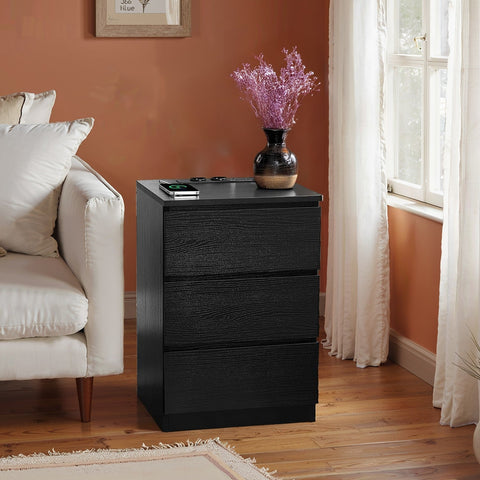 Rootz Side Table 3 Drawers - Nightstand - Bedside Table - Modern Design - Ebony Black - 35cm x 40cm x 59cm