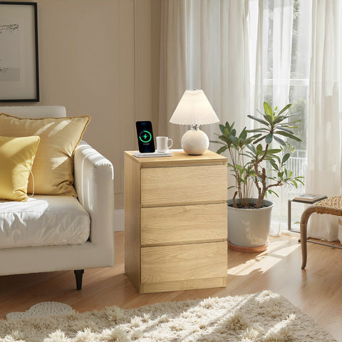 Rootz Modern Bedside Table - Nightstand - Wooden Chipboard - 3 Drawers - Space-Saving - 35cm x 40cm x 59cm