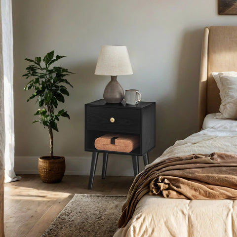 Rootz Bedside Table - Side Table - Nightstand - With Drawer & Open Shelf - Wooden Legs - 28 x 39 x 55 cm