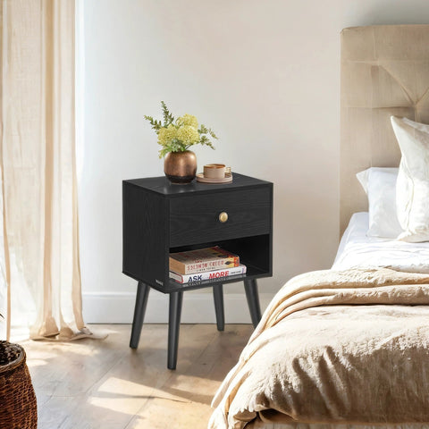 Rootz Bedside Table - Side Table - Nightstand - With Drawer & Open Shelf - Wooden Legs - 28 x 39 x 55 cm