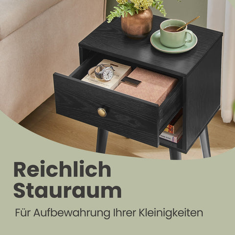 Rootz Bedside Table - Side Table - Nightstand - With Drawer & Open Shelf - Wooden Legs - 28 x 39 x 55 cm