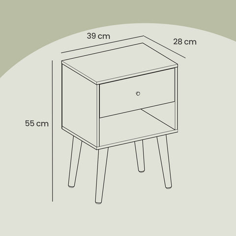 Rootz Bedside Table - Side Table - Nightstand - With Drawer & Open Shelf - Wooden Legs - 28 x 39 x 55 cm