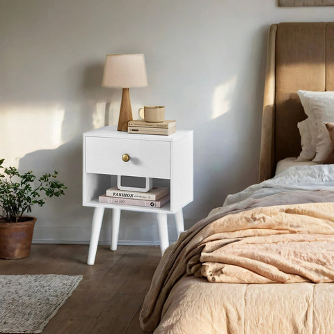 Rootz Bedside Table - Side Table - Nightstand with Drawer - Wooden Legs - Space-Saving - 28 x 39 x 55 cm