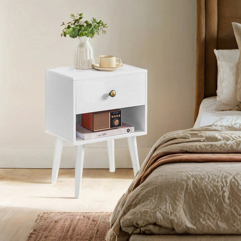 Rootz Bedside Table - Side Table - Nightstand with Drawer - Wooden Legs - Space-Saving - 28 x 39 x 55 cm