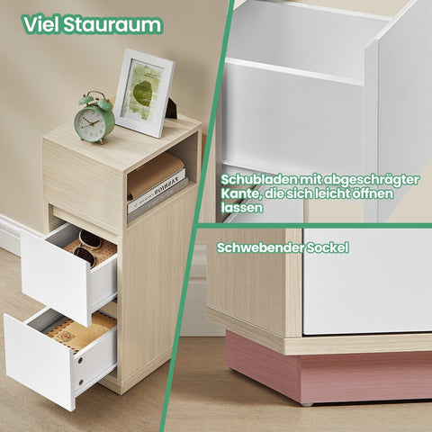 Rootz Bedside Table - Narrow Side Table - 2 Drawer Nightstand - Space-Saving Design - 30.1cm x 25.1cm x 65.1cm