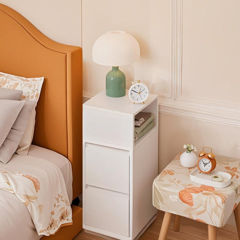 Rootz Bedside Table Narrow - Side Table - Nightstand - Dual Storage - White - 30cm x 25cm x 65cm