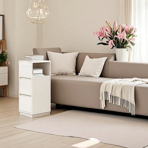 Rootz Bedside Table Narrow - Side Table - Nightstand - Dual Storage - White - 30cm x 25cm x 65cm