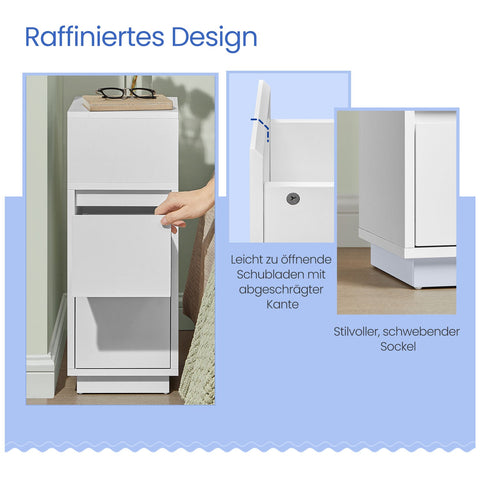 Rootz Bedside Table Narrow - Side Table - Nightstand - Dual Storage - White - 30cm x 25cm x 65cm