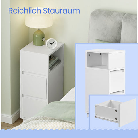 Rootz Bedside Table Narrow - Side Table - Nightstand - Dual Storage - White - 30cm x 25cm x 65cm