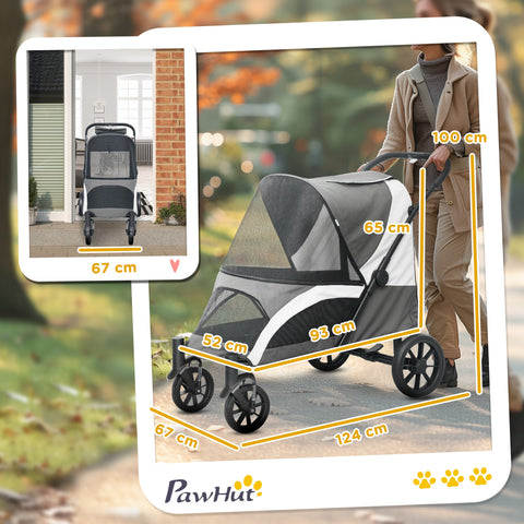 Rootz Foldable Dog Buggy - Pet Car - Pet Stroller - Easy Storage - 124cm x 67cm x 100cm - Grey