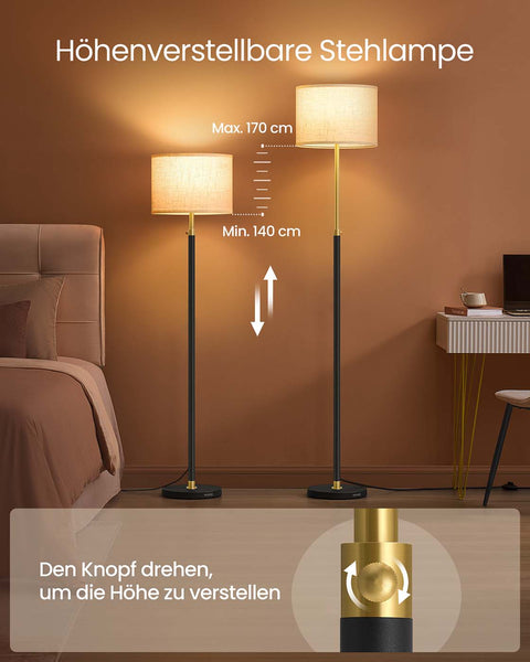 Rootz Gold Black Floor Lamp - Tall Standing Light - Adjustable Height - Elegant Home Decor - Steel & Linenimity - 30x30x140-170cm