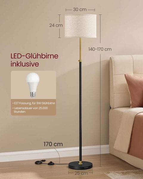 Rootz Gold Black Floor Lamp - Tall Standing Light - Adjustable Height - Elegant Home Decor - Steel & Linenimity - 30x30x140-170cm