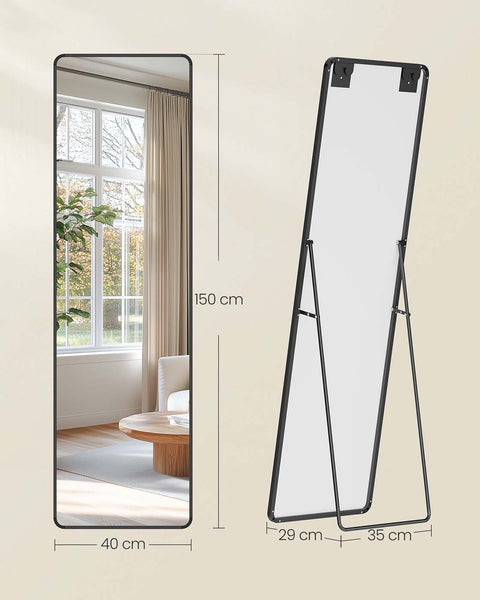 Rootz Full Body Mirror - Rectangular Mirror - Large Wall Mirror - Hard Glass & Aluminum - 150cm x 40cm  Black