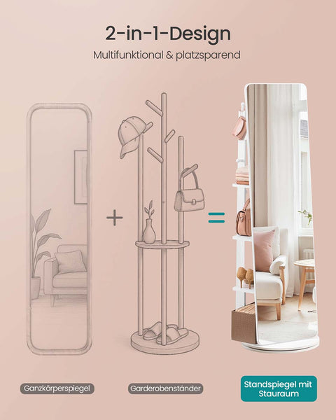 Rootz Full Body Mirror - Dressing Mirror - Floor Mirror - Large Glass Reflective Surface - 45cm x 163cm - Cloud White