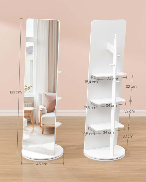 Rootz Full Body Mirror - Dressing Mirror - Floor Mirror - Large Glass Reflective Surface - 45cm x 163cm - Cloud White