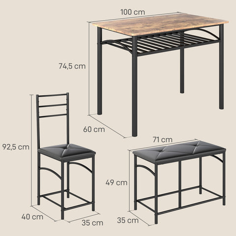 Rootz 4-Part Dining Room Set - Space-Saving Furniture - Compact Dining Set - Comfort Seating - 100cm x 60cm x 74.5cm Table