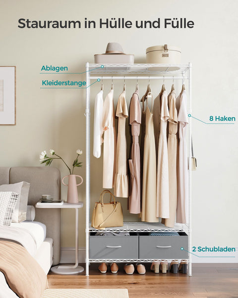 Rootz Clothes Rack - Wardrobe Organizer - Garment Hanger - 2 Drawers - Steel - 40 x 90 x 180 cm - White- Grey