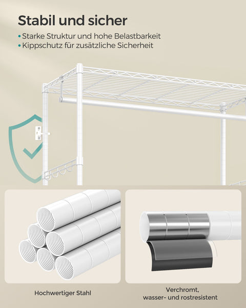 Rootz Clothes Rack - Wardrobe Organizer - Garment Hanger - 2 Drawers - Steel - 40 x 90 x 180 cm - White- Grey