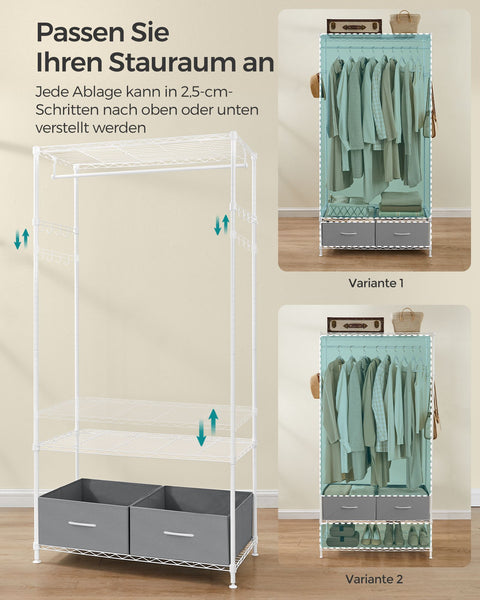 Rootz Clothes Rack - Wardrobe Organizer - Garment Hanger - 2 Drawers - Steel - 40 x 90 x 180 cm - White- Grey