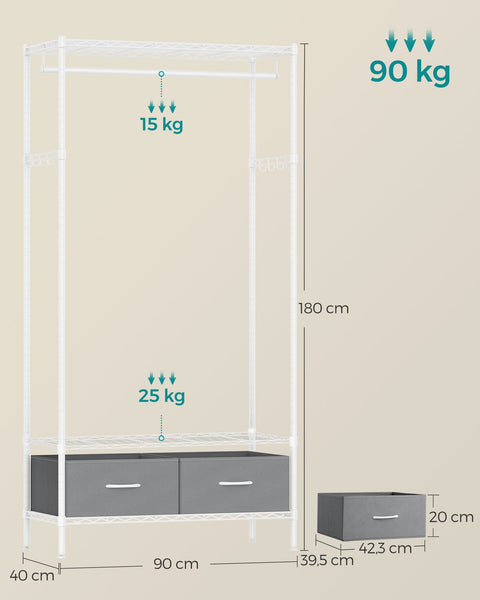 Rootz Clothes Rack - Wardrobe Organizer - Garment Hanger - 2 Drawers - Steel - 40 x 90 x 180 cm - White- Grey