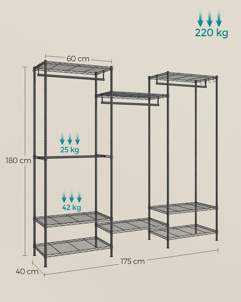 Rootz Open Wardrobe - Clothes Rack - Adjustable Shelves - Black Steel - Max Load 220kg - 40x175x180cm
