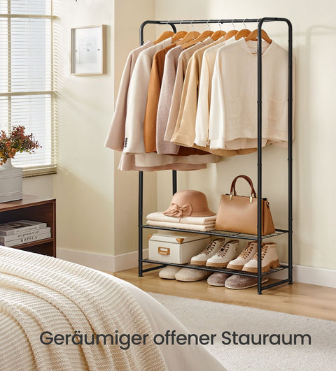 Rootz Clothing Rack with Shelves - Garment Stand - Storage Unit - Steel Construction - 29x73x158.4cm - Matt Black Finish