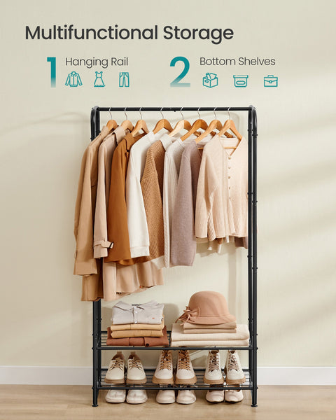 Rootz Clothing Rack with Shelves - Garment Stand - Storage Unit - Steel Construction - 29x73x158.4cm - Matt Black Finish
