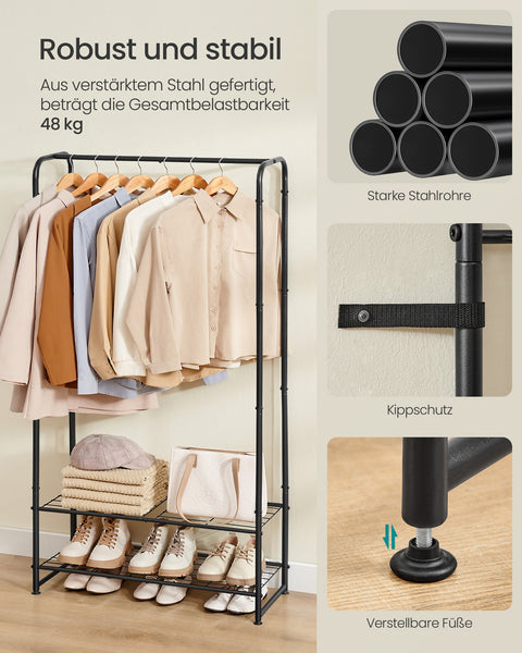 Rootz Clothing Rack with Shelves - Garment Stand - Storage Unit - Steel Construction - 29x73x158.4cm - Matt Black Finish