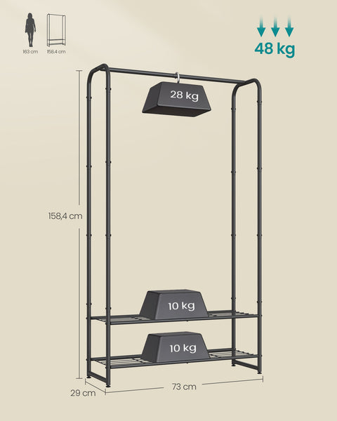 Rootz Clothing Rack with Shelves - Garment Stand - Storage Unit - Steel Construction - 29x73x158.4cm - Matt Black Finish