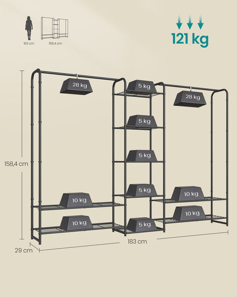 Rootz Clothes Rack - Garment Rack - Wardrobe Organizer - Heavy Duty - 29 x 183 x 158.4 cm - Matte Black Steel