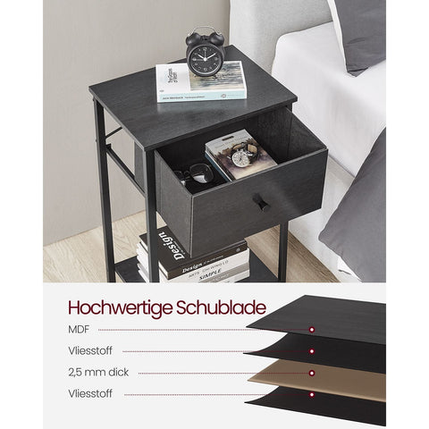 Rootz Bedside Table with Fabric Drawer - Nightstand - Black Shelf - Durable & Stylish - 28cm x 38cm x 61cm