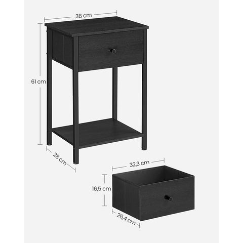 Rootz Bedside Table with Fabric Drawer - Nightstand - Black Shelf - Durable & Stylish - 28cm x 38cm x 61cm
