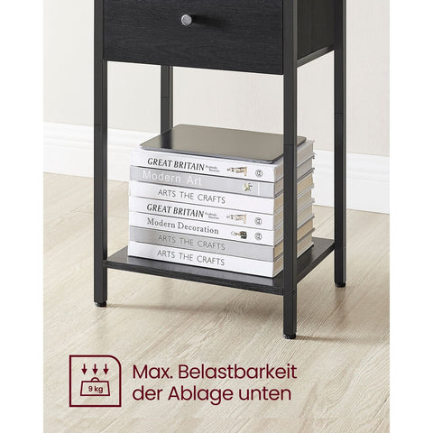 Rootz Bedside Table with Fabric Drawer - Nightstand - Black Shelf - Durable & Stylish - 28cm x 38cm x 61cm