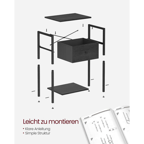 Rootz Nachtkastje - Nachtkastje - Bijzettafel - Spaanplaat Staal Niet-geweven Stof - 28cm x 38cm x 61cm - Zwart - Lichtgewicht - Stevige constructie - Eenvoudige montage