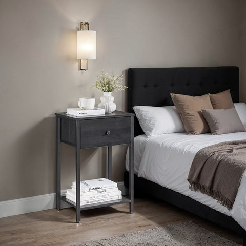 Rootz Side Table - Bedside Table - Nightstand with Shelf & Fabric Drawer - Space-Saving Design - 28.1 x 38.1 x 61.1 cm