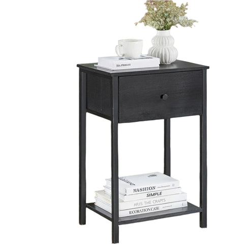 Rootz Side Table - Bedside Table - Nightstand with Shelf & Fabric Drawer - Space-Saving Design - 28.1 x 38.1 x 61.1 cm