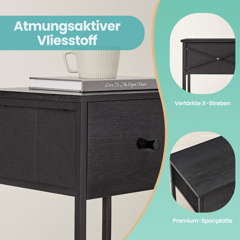 Rootz Side Table - Bedside Table - Nightstand with Shelf & Fabric Drawer - Space-Saving Design - 28.1 x 38.1 x 61.1 cm